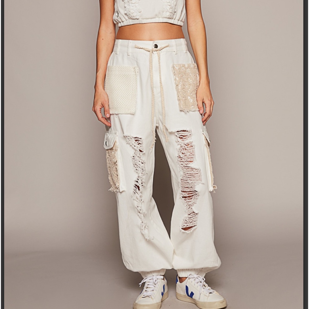 Coming soon ! POL Off White Distressed Joggers with Lace Accents sizes SML